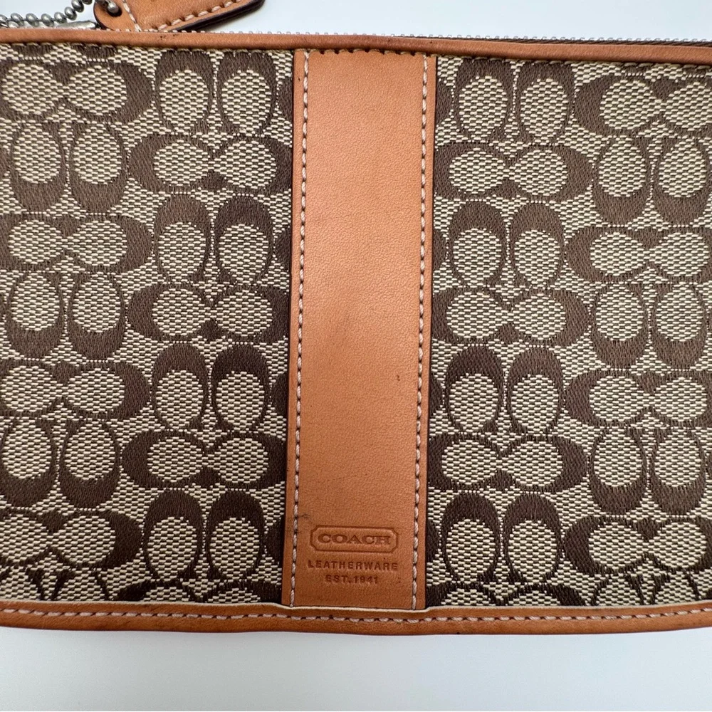 Vintage Coach Y2K Signature Jacquard Zip Pouch Brown Khaki Leather Trim Hangtag
